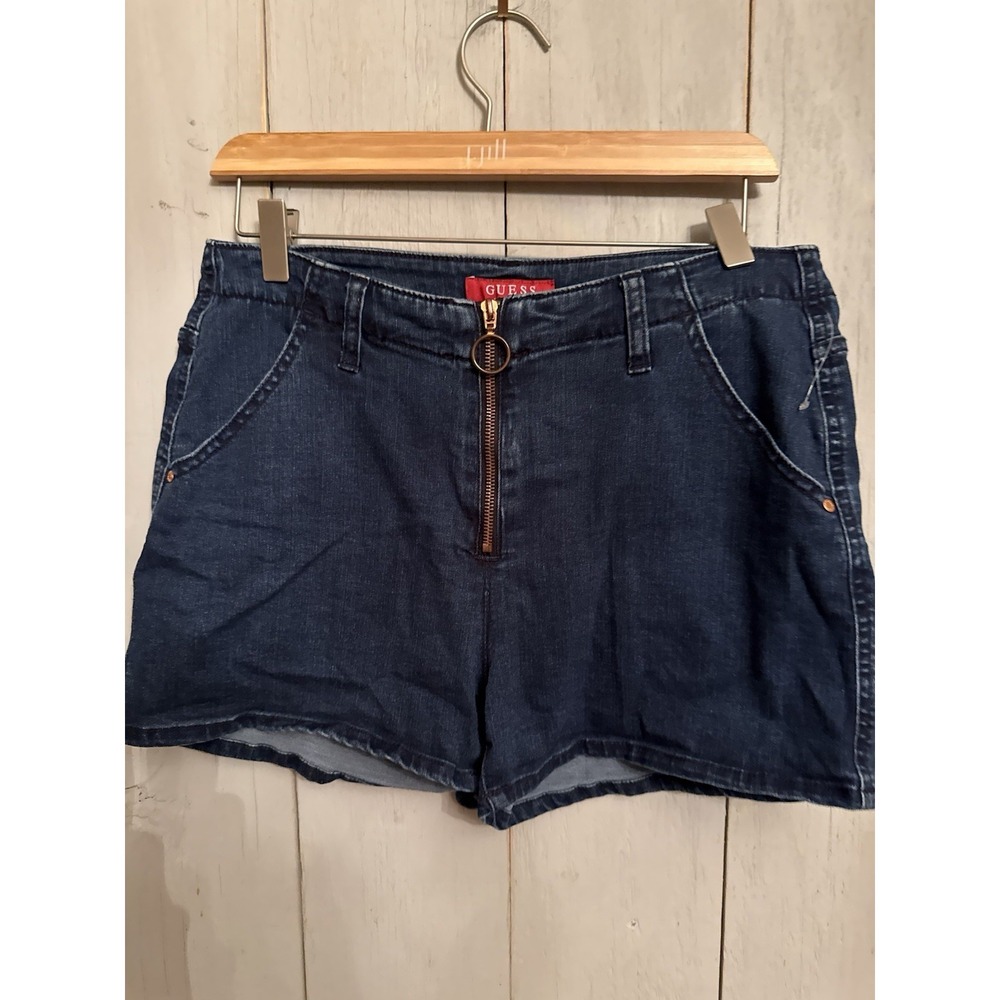 GUESS Women Mid-Rise Ring Zip Front Dark Denim Shorts Size‎ 30 Festival Vibe